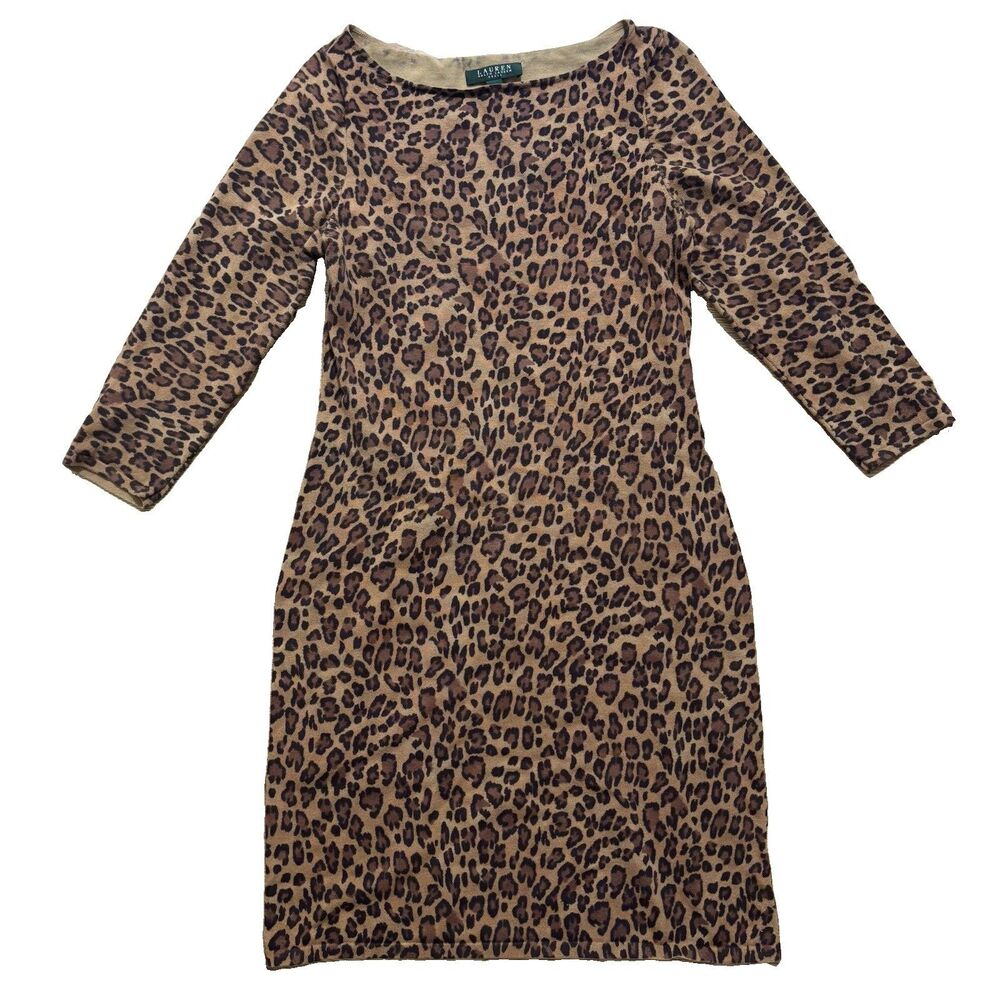 Lauren Ralph Lauren Dress Sz Medium Brown Leopard Print Knee Length 3/4 Sleeve